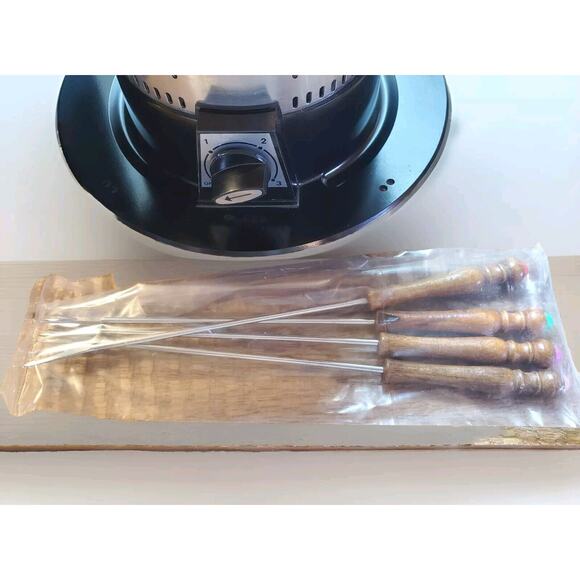 NEW Vintage Jubilee Electric MCM Fondue Set Retro Red Pot 4 Teak Handle Fork NOS - Picture 3 of 15